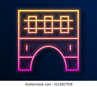 Glowing neon line Bridge for train icon isolated on black background.  Vector