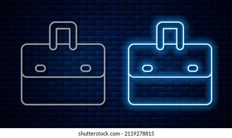 Glowing neon line Briefcase icon isolated on brick wall background. Business case sign. Business portfolio.  Vector