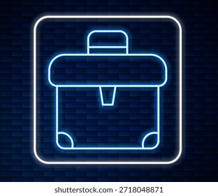 Icono de maletín de línea de neón brillante aislado en fondo de pared de ladrillo. Signo de caso comercial. Cartera empresarial.  Vector