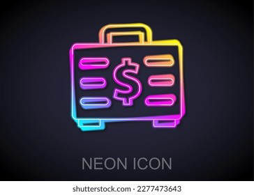 Glowing neon line Briefcase and money icon isolated on black background. Business case sign. Business portfolio.  Vector