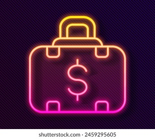 Glowing neon line Briefcase and money icon isolated on black background. Business case sign. Business portfolio.  Vector