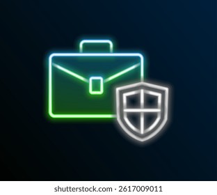 Glowing neon line Briefcase with shield icon isolated on black background. Insurance concept. Security, safety, protection, protect concept. Colorful outline concept. Vector