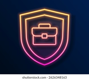 Brillante línea de neón Maletín con icono de escudo aislado sobre fondo negro. Concepto de seguro. Seguridad, seguridad, protección, proteger el concepto.  Vector