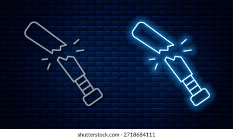 Glowing neon line Broken baseball bat icon isolated on brick wall background.  Vector