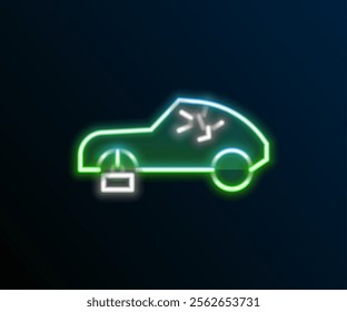 Glowing neon line Broken car icon isolated on black background. Car crush. Colorful outline concept. Vector