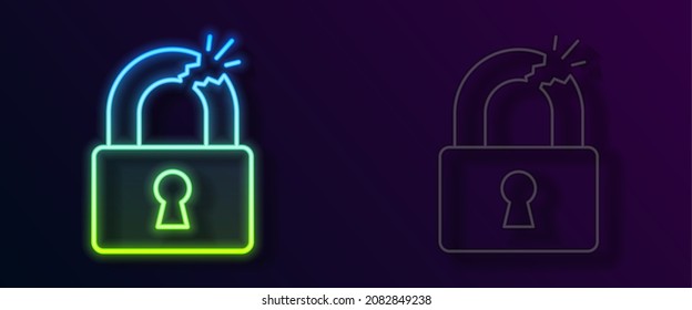 Glowing neon line Broken or cracked lock icon isolated on black background. Unlock sign.  Vector