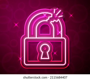 Glowing neon line Broken or cracked lock icon isolated on red background. Unlock sign.  Vector