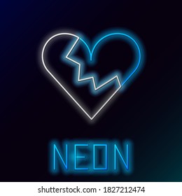 Glowing neon line Broken heart or divorce icon isolated on black background. Love symbol. Valentines day. Colorful outline concept. Vector