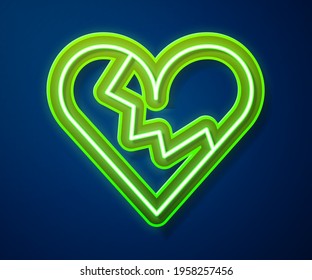 Glowing neon line Broken heart or divorce icon isolated on blue background. Love symbol. Valentines day.  Vector
