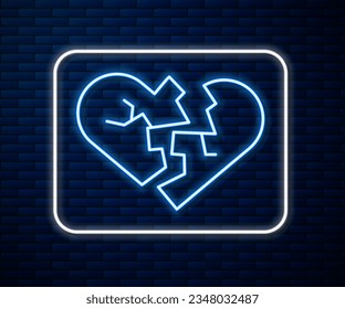 Glowing neon line Broken heart or divorce icon isolated on brick wall background. Love symbol. Valentines day.  Vector