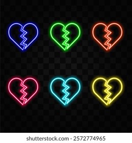 Glowing neon line Broken heart or divorce icon isolated on brick wall background. Symbol of love. Valentine's Day. Colorful outline concept. Vector.