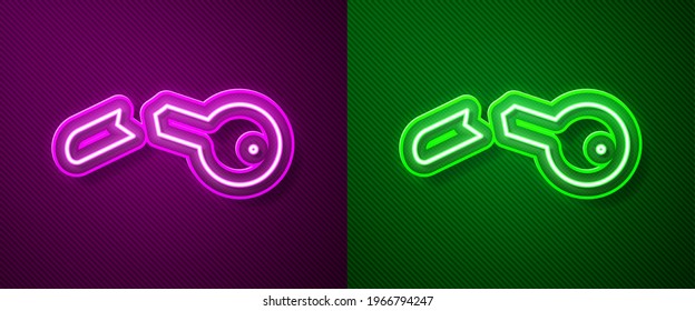 Glowing Neon Line Broken Key Icon Isolated On Purple And Green Background.  Vector Illustration