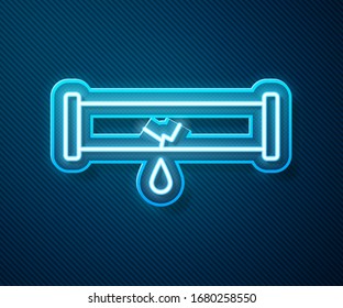 Glowing neon line Broken metal pipe with leaking water icon isolated on blue background.  Vector Illustration