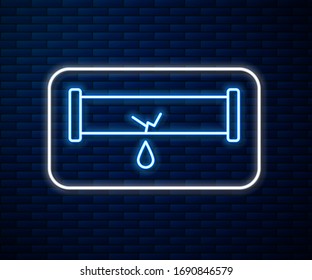 Glowing neon line Broken metal pipe with leaking water icon isolated on brick wall background.  Vector Illustration