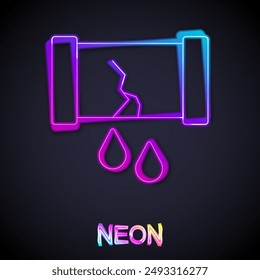 Glowing neon line Broken oil pipe with valve icon isolated on black background.  Vector
