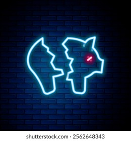 Glowing neon line Broken piggy bank icon isolated on brick wall background. Icon saving or accumulation of money, investment. Colorful outline concept. Vector