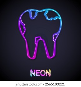 Glowing neon line Broken tooth icon isolated on black background. Dental problem icon. Dental care symbol.  Vector