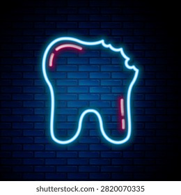 Glowing neon line Broken tooth icon isolated on brick wall background. Dental problem icon. Dental care symbol. Colorful outline concept. Vector