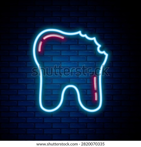 Glowing neon line Broken tooth icon isolated on brick wall background. Dental problem icon. Dental care symbol. Colorful outline concept. Vector