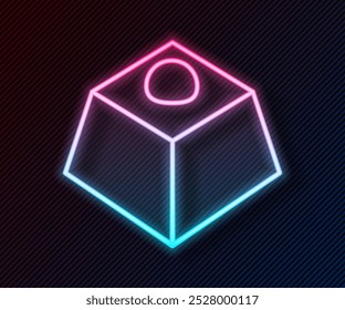 Glowing neon line Brownie chocolate cake icon isolated on black background.  Vector