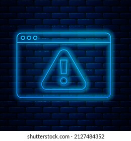 Glühender Neonline-Browser mit Ausrufezeichen-Symbol einzeln auf Backsteinwand-Hintergrund. Warnmeldung Smartphone-Benachrichtigung.  Vektorgrafik