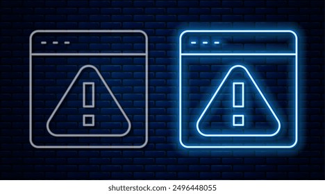 Línea de neón brillante Navegador con icono de signo de exclamación aislado en fondo de pared de ladrillo. Mensaje de alerta de notificación de smartphone.  Vector