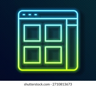 Icono de archivos de navegador de línea de neón brillante aislado sobre fondo negro.  Vector