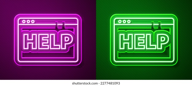 Icono de ayuda del navegador de línea de neón brillante aislado en fondo morado y verde. Protocolo de comunicación por Internet.  Ilustración vectorial