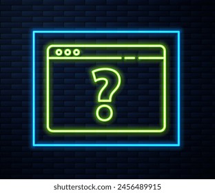 Glühender Neonlinien-Browser mit Fragezeichen-Symbol isoliert auf Backstein-Wand-Hintergrund. Internet-Kommunikationsprotokoll.  Vektorillustration