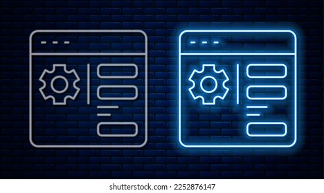 Glowing neon line Browser setting icon isolated on brick wall background. Adjusting, service, maintenance, repair, fixing.  Vector