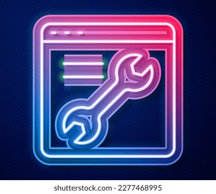 Glowing neon line Browser setting icon isolated on blue background. Adjusting, service, maintenance, repair, fixing.  Vector