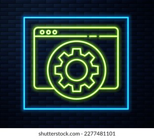 Glowing neon line Browser setting icon isolated on brick wall background. Adjusting, service, maintenance, repair, fixing.  Vector Illustration