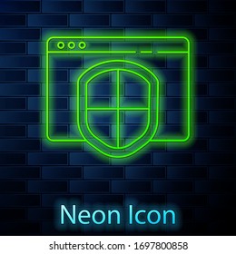 Glowing neon line Browser with shield icon isolated on brick wall background. Security, safety, protection, privacy concept. Vector Illustration