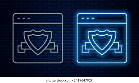 Glowing neon line Browser with shield icon isolated on brick wall background. Security, safety, protection, privacy concept.  Vector