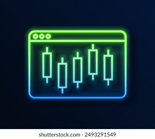 Glowing neon line Browser with stocks market growth graphs and money icon isolated on blue background. Monitor with stock charts arrow on screen.  Vector