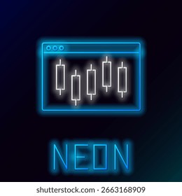 Glowing neon line Browser with stocks market growth graphs and money icon isolated on black background. Monitor with stock charts arrow on screen. Colorful outline concept. Vector