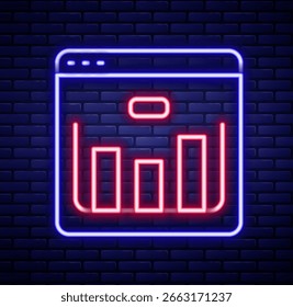 Leuchtende Neon-Linie Browser mit Aktien Marktwachstum Grafiken und Geld-Symbol einzeln auf Ziegelwand Hintergrund. Monitor mit Stockdiagramm-Pfeil auf dem Bildschirm. Farbiges Umrisskonzept Vektorgrafik
