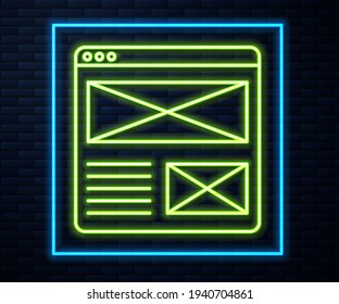 Leuchtendes Neonline-Browser-Fenster Symbol einzeln auf Backsteinwand-Hintergrund.  Vektorgrafik