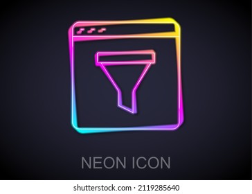 Icono de ventana del navegador de línea de neón brillante aislado en fondo negro.  Vector
