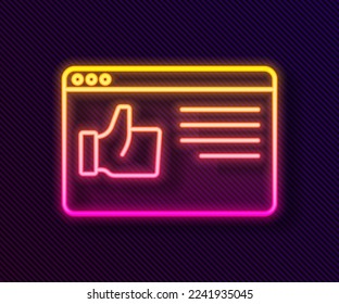 Icono de ventana del navegador de línea de neón brillante aislado en fondo negro.  Vector