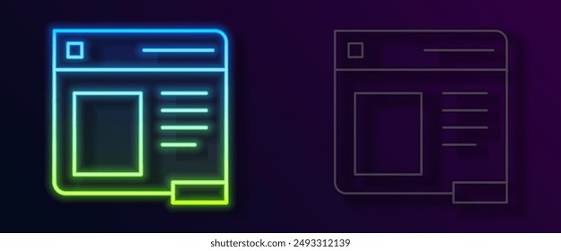 Glowing neon line Browser window icon isolated on black background.  Vector