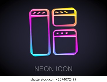 Glowing neon line Browser window icon isolated on black background.  Vector