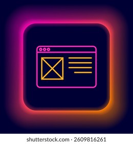 Glowing neon line Browser window icon isolated on black background. Colorful outline concept. Vector