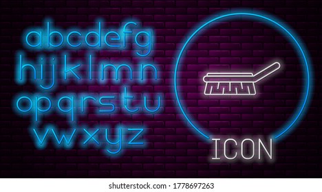 Glowing neon line Brush for cleaning icon isolated on brick wall background. Cleaning service concept. Neon light alphabet. Vector Illustration