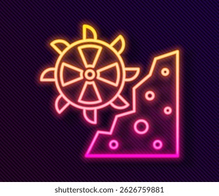 Glowing neon line Bucket wheel excavator icon isolated on black background.  Vector