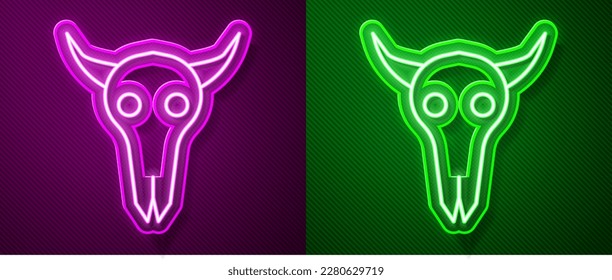 Glowing neon line Buffalo skull icon isolated on purple and green background.  Vector Illustration
