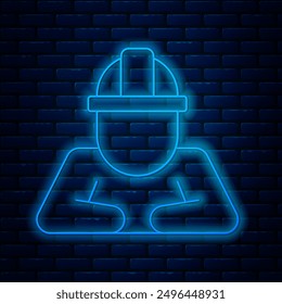 Glowing neon line Builder icon isolated on brick wall background. Construction worker.  Vector