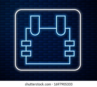 Glowing neon line Bulletproof vest for protection from bullets icon isolated on brick wall background. Body armor sign. Military clothing.  Vector Illustration