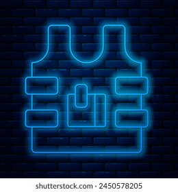 Glowing neon line Bulletproof vest for protection from bullets icon isolated on brick wall background. Body armor sign. Military clothing.  Vector