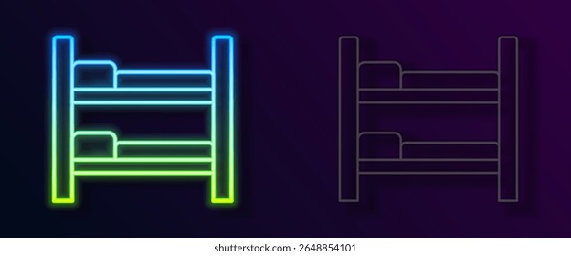 Glowing neon line Bunk bed icon isolated on black background.  Vector